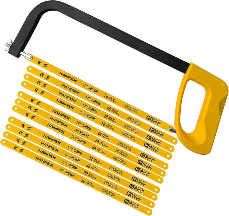 Hanpex 12in. High-Tension Hacksaw Frame with 10pcs Extra Bi-metal Blades, Hand Saw Suitable for Metal, wood, PVC, Carpentry - Image 1